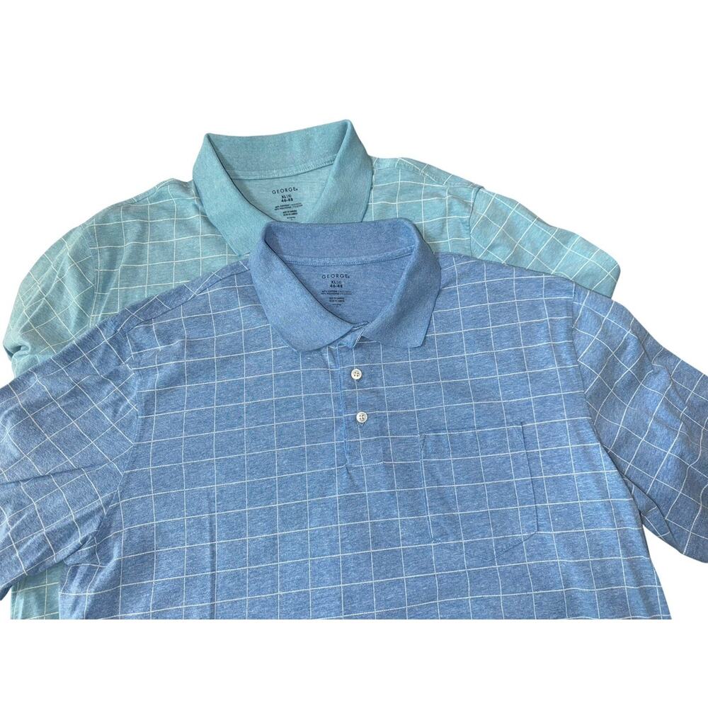 George‎ Polo Shirts Mens XL Lot 2 Blue Windowpane Short Sleeve Casual Workwear